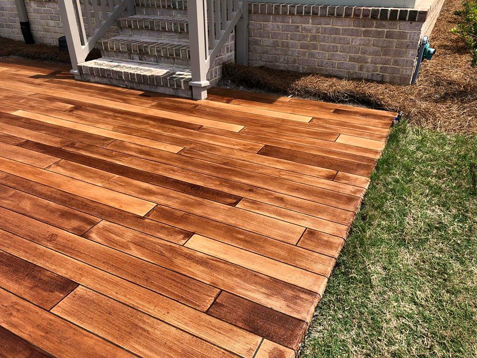 Pool deck wood-look concrete