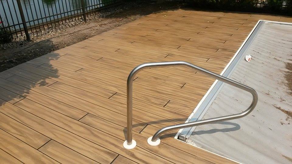 Pool deck wood-look concrete